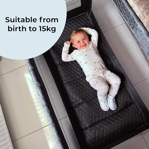 My Babiie Travel Cot - Lightweight, From Birth to 15kg, Easy Fold & Compact, Travel Bag, 120cm x 60cm Padded Mattress - Quilted Black
