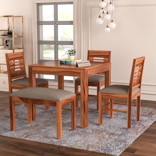Image of Solid Sheesham Wood 3 Chair with 1 Bench Dining Table Set with Cushioned Chairs for Dining Room | Living Room | Home & Office | Hotels (4 Seater with Bench, Honey)