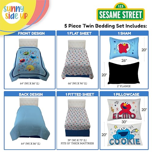 Image of Sesame Street Twin Comforter Set - 5 Piece Kids Bedding Includes Comforter, Sheets & Pillow Cover - Super Soft Microfiber Bed Set with Elmo, Cookie Monster and Big Bird