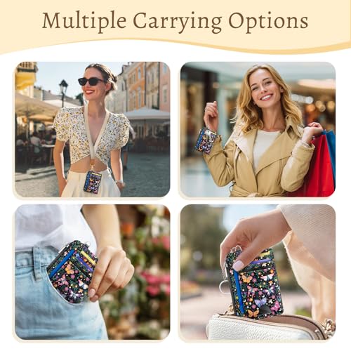 Image of Kelvoris Butterfly Flowers Credit Card Holder Small Wallet Women, Slim RFID | Keychain, Zipper Coin Pocket, Front Pocket Thin Travel Card Case, Minimalist, 6 Card Slots, 1 ID Window, Ladies Gifts Woman