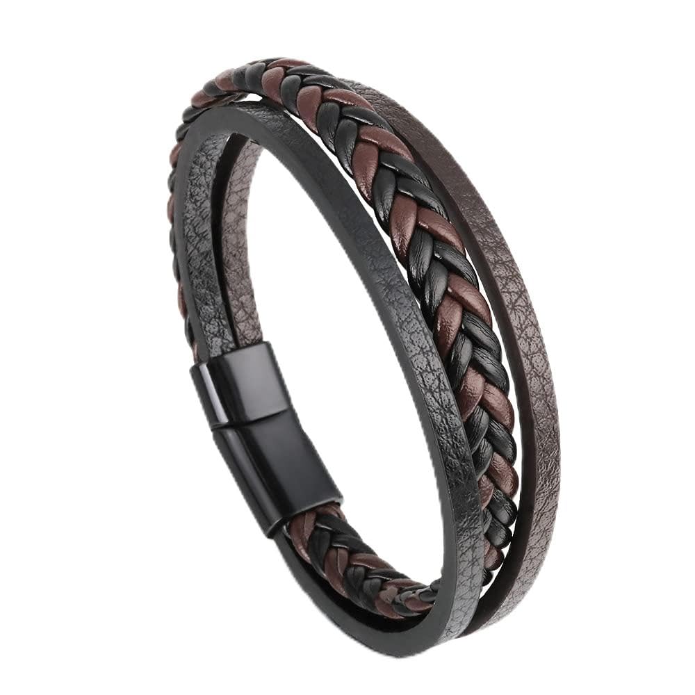 Men's Leather bracelet in Brown, Cowhide Leather Genuine Women Unisex Cuff Wrap Bracelet Multi-Layer Magnetic Clasp Rope Wristband for Men and Women