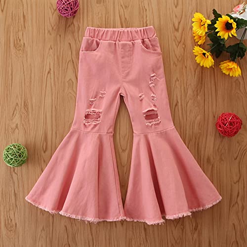 Toddler Denim Bell Bottom Pants Baby Girls Ruffles Ripped Flare Jeans for Kids 1~6Y (Pink-a, 1-2 Years)4