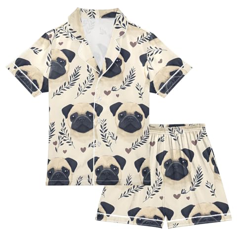 ALAZA Pug Dog Cartoon Yellow Satin Pajamas Set Short Sleeve Button Down Sleepwear Summer Pjs 2 Piece