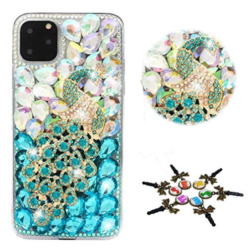 STENES Sparkle Glitter Phone Case Compatible with Samsung Galaxy S24 Ultra 5G Case - Stylish - 3D Handmade Bling Peacock Rhinestone Crystal Diamond Design Girls Women Cover - White&Blue