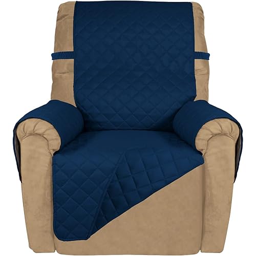 PureFit Reversible Quilted Recliner Sofa Cover, Water Resistant Slipcover Furniture Protector, Washable Couch Cover with Elastic Straps for Kids, Dogs, Pets (Recliner, Navy/Navy)