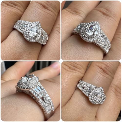 Newshe Jewellery Wedding Engagement Ring for Women Bridal Set AAAAA Cz 925 Sterling Silver 1.3Ct Pear White Size 4-134