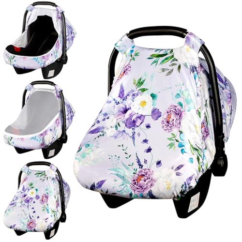 Image of CARUILI Car Seat Cover for Baby Girls & Boys, Breathable Infant Car Seat Cover with Mesh Window, Purple Floral