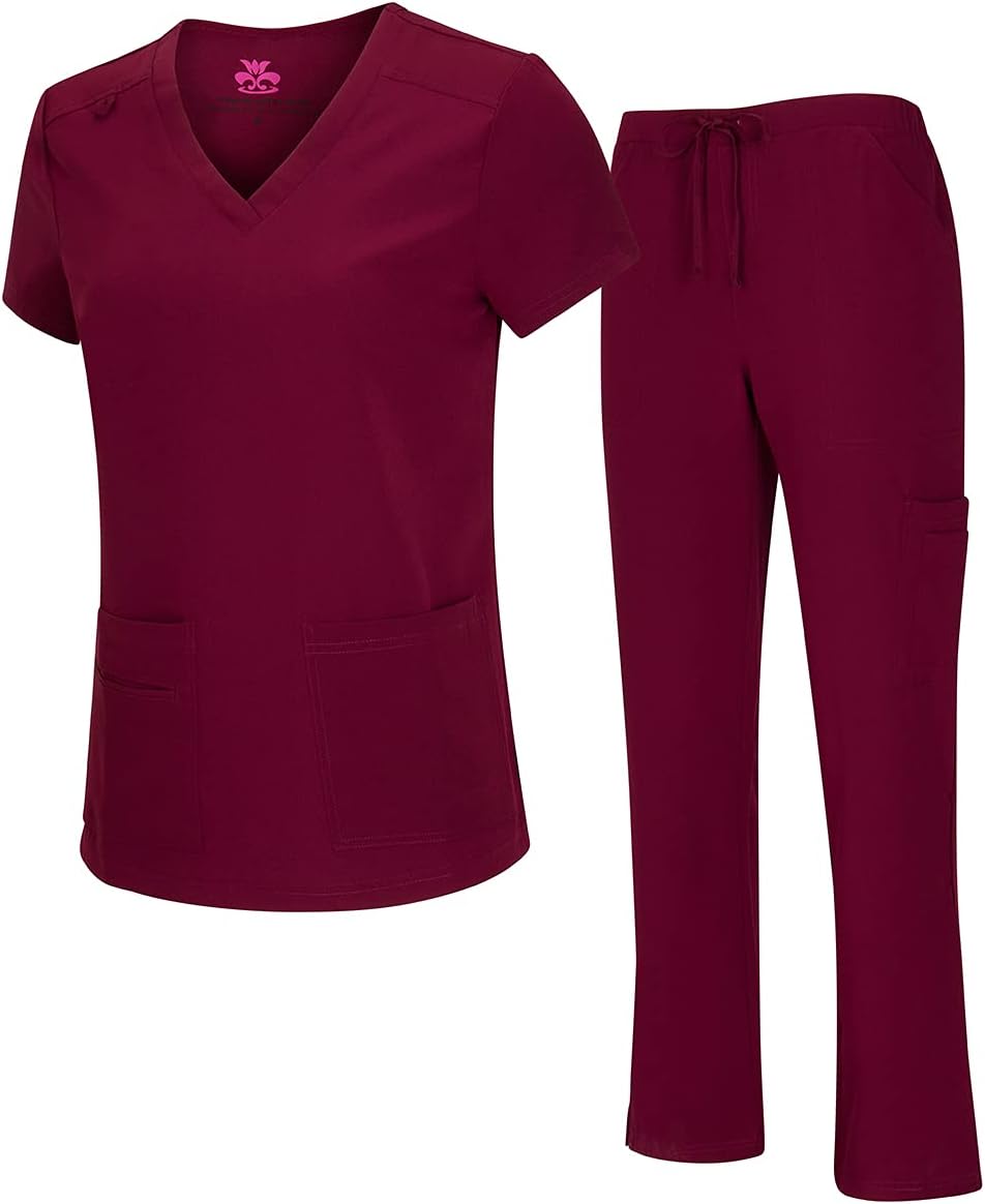 Women's Cool Stretch V-Neck Top and Cargo Pant Scrub Set with Regular and Petite Sizes