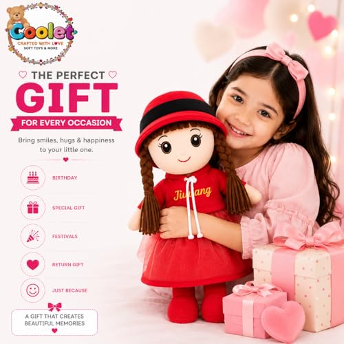 Image of Jiuliang Girl Soft Plush Doll 42 cm | Cute Red Dress Doll with Hat & Long Braided Hair | Embroidered Eyes & Smile | Stuffed Toy for Kids Girls
