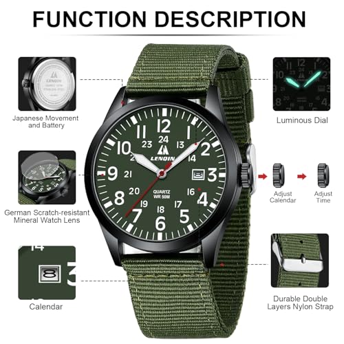 Image of LN LENQIN Mens Watches Unisex Military Sport Nylon Strap Stylish Luminous Fashion Analog Quartz Watch for Men Waterproof Army Tactical Casual Wristwatch