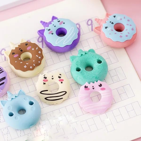 Image of Radiance Cute Donut Shape Erasers for Kids | Kawaii Cartoon Pencil Erasers for School, Drawing & Homework | Soft Non-Toxic Rubber Erasers | Birthday Return Gifts, School Supplies (Pack of 12)
