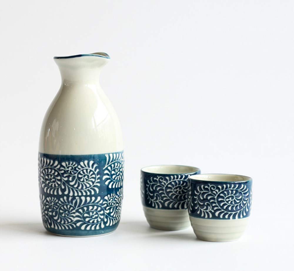 Service à saké japonais bleu céramique ensemble de 3 pièces avec tasses et bouteille