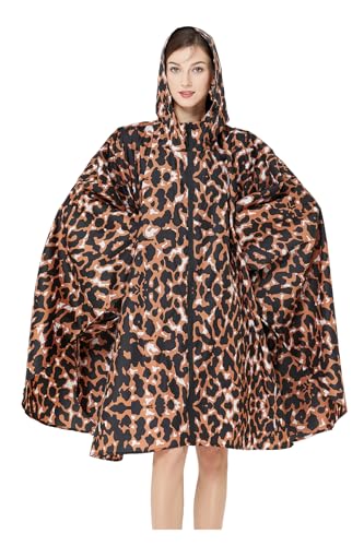 Krespuka Regenponcho für Damen, wasserdicht, mit Kapuze, Reißverschluss, Outdoor, Wandern, Radfahren, Leopardenmuster, Einheitsgröße