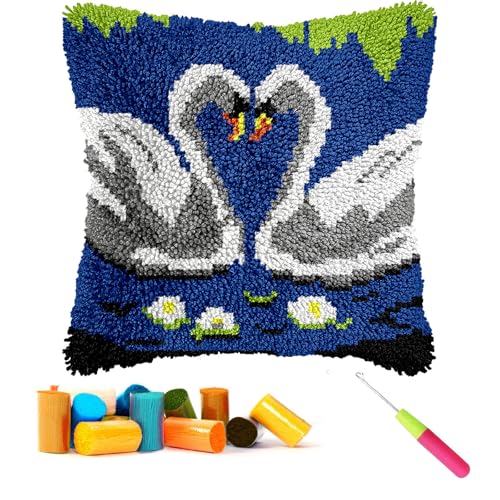 CCWORAN Swan Latch Hook Kits for Adults Beginners Cushion Animal Craft Kits Cover Making Crochet Pre Printed Canvas Wool Yarn Hobbies DIY Sofa Home Decor Women Gift