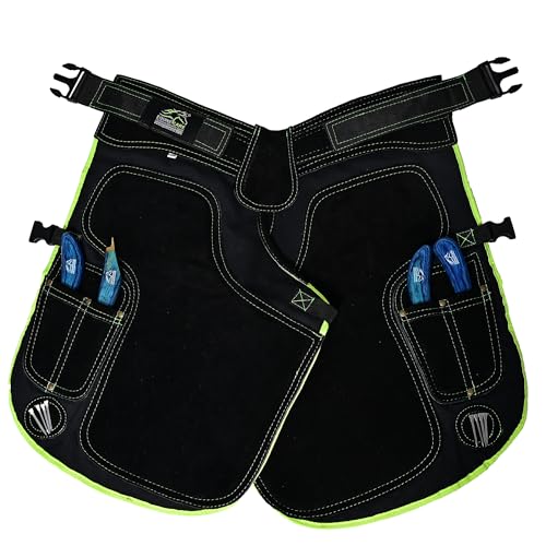Image of Equine Care Women's Farrier Apron Chaps 23″ - Leather & Canvas, Adjustable 28-52″ Waist, EVA Padded Knees, Lumbar Support, 4 Knife Pockets & Nail Magnets for Hoof Trimming (Black with Green Piping)