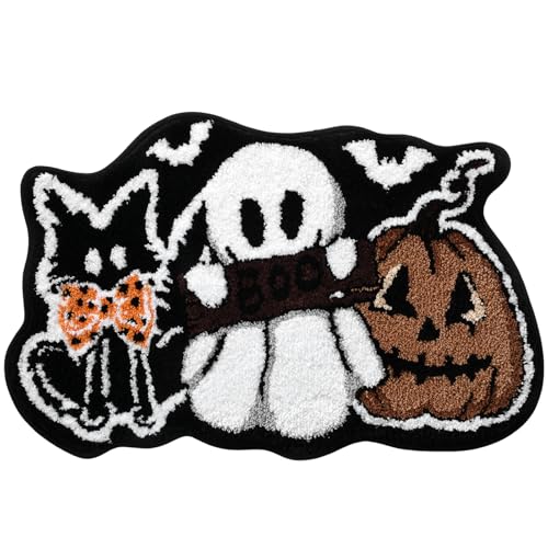 Black Cat Ghost Pumpkin Bath Mat 21x32 Inch Soft and Absorbent Tufted Halloween Bathroom Rug Non Slip Washable Halloween Bathroom Decor Rug Holiday Decorations