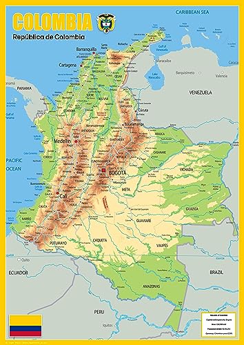 Mappa fisica della Colombia - Collezione Oxford - Formato A2 - Carta laminat