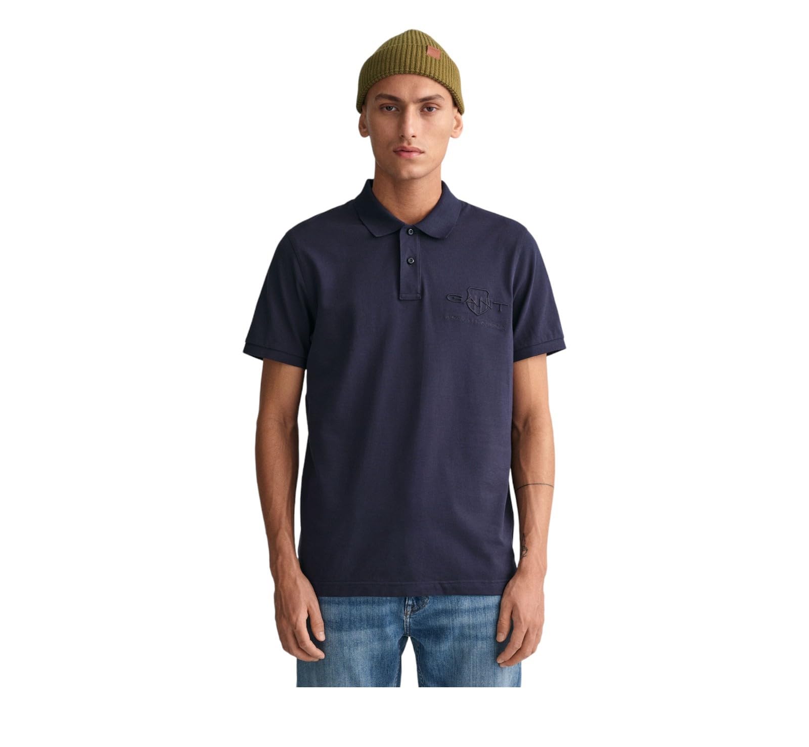 Gant Men's Evening Blue Reg Tonal Shield Ss Rugger Shirt, M