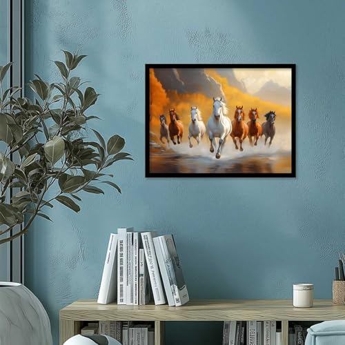 Image of HOTHOUSE Seven Running Vastu Lucky Horse and Rising Sun Painting | 7 Horses Vastu Frame Wall Art Painting for Living Room Bedroom Office Home Decor Wall Decor Size (13X17 inch)
