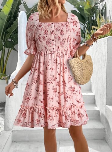 Image of Dokotoo Womens Casual Summer Dresses Short Sleeve Square Neck Smocked Boho Floral Sundress Flowy A-Line Mini Dress