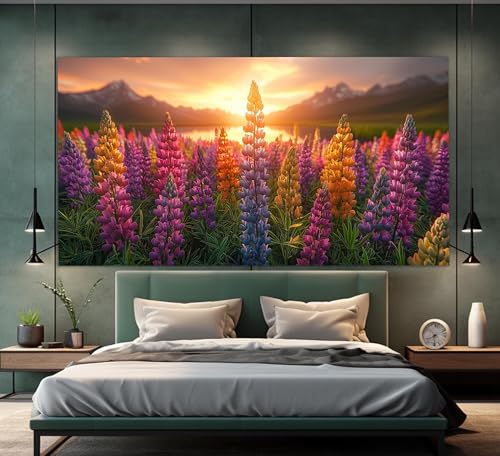 Tableau lupins 20x40cm déco murale florale sans cadre coucher de soleil