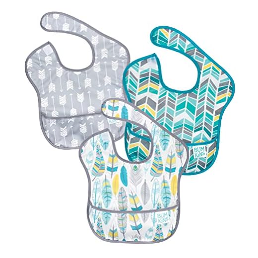 Bumkins SuperBib, Baby Bib, Waterproof, Washable Fabric, Fits Babies and Toddlers 6-24 Months - Feathers, Quill, Arrows (3-Pack)