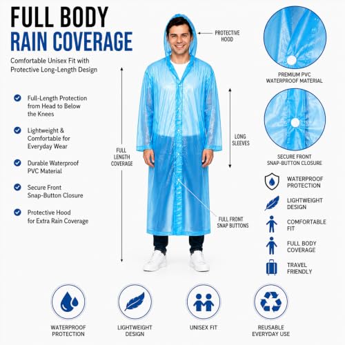 Image of OTOROYS Waterproof Long Rain Coat with Hood for Men, Women, Boys & Girls | Universal Full Length Reusable PVC Raincoat | Lightweight Portable Rain Ware for Bike Riding, Travel & Outdoor, Black, Pack 1