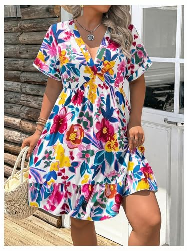 Image of Floerns Women's Plus Size Summer Vacation Wrap V Neck Short Sleeve Ruffle Hem A Line Hawaiian Short Dress