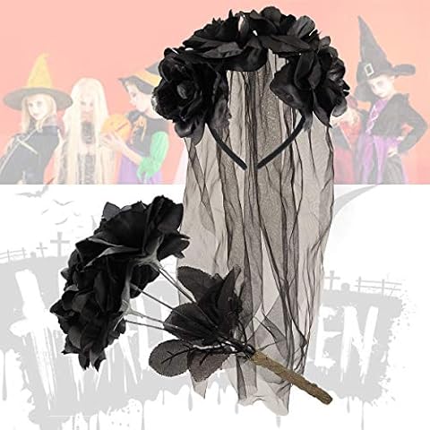 Deluxe Bride Veil & Flower Headband with Black Roses Bouquet Day of the Dead Halloween Party Fancy Dress Accessory by Lizzy® Cover