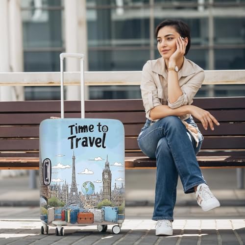Image of Travel-Themed Luggage Cover with Paris and London Landmarks - Eiffel Tower Big Ben Design with inchTime to Travel inch Quote - Fits 32 inch to 34 inch Suitcase,XL