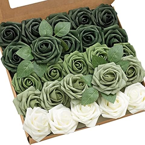 Ling's Moment Artificial Flowers, 25Pcs 3" Roses in Emerald Green Shades, Realistic DIY Foam Floral Fill for Wedding Bouquets/Centerpieces, Outdoor Party Backdrops, Room/Table, Garden/Pot Decorations Cover