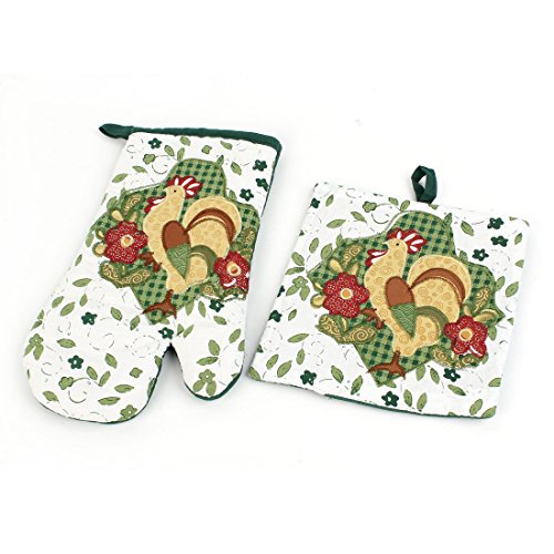 Ruilogod Patrón de flor de gallo microondas Horno Mitt Guantes blancopuro Verde W Mat