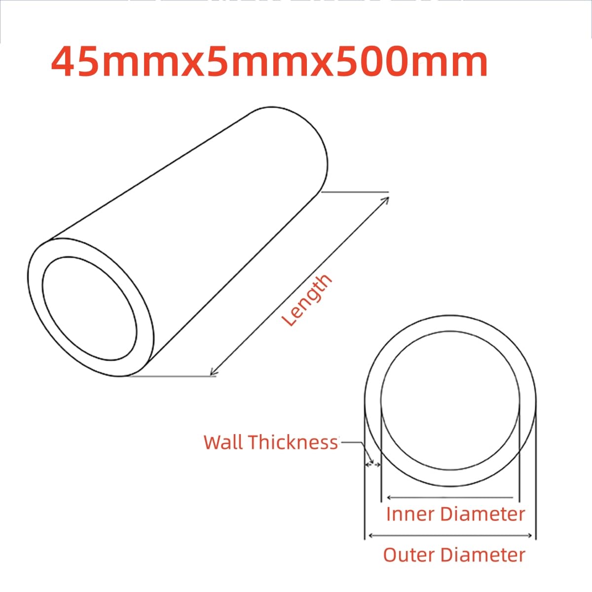 Tubo Alluminio Tubo Durevole per Arredamento, Artigianato e Parti Meccaniche,45mmx5mmx500mm