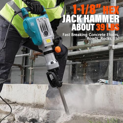 Image of Berserker 1700W 40-Pound Demolition Jack Hammer 127FD with 1-1 /8 inch Hex,14Amp | Heavy duty Corded Electric Concrete /Pavement Breaker with Vibration Control, Trigger Lock, Wheeled Carrying Case & 2 Chisels