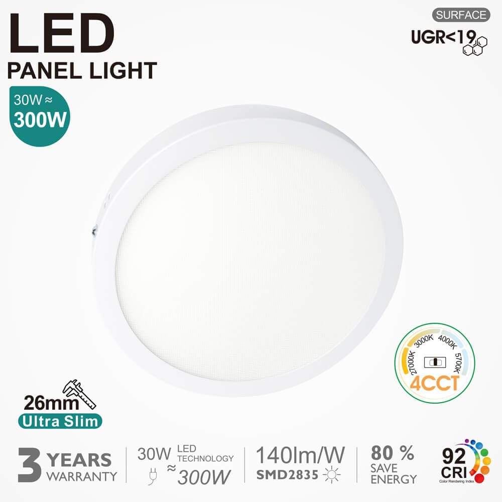 FactorLED ¡NOVEDAD! Plafón Led Circular, 30W (300W), 3600Lm, Ø29cm, Downlight Panel Superficie Redondo para Techo, Antideslumbramiento, Luz Seleccionable 4CCT 2700K-3000K-4000K-5700K (5, 290 mm)