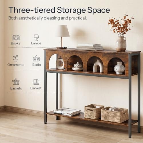 Image of HOOBRO Narrow Console Table, Entryway Table with 3-Tier Storage, Sofa Table, Behind Couch Table with Arched Design for Living Room, Entrance, Hallway, Rustic Brown and Black BF106XG01