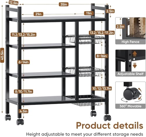 Image of COMFYHOME Kitchen Organizer Rack Shelf with Wheels - Adjustable 4-Tier Microwave Stand with Storage Shelves, Storage Rack with 3 Wire Baskets, Microwave Stand, Metal Kitchen Cart for Pantry