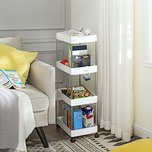 SONGMICS 4-Tier Storage Trolley, Rolling Cart with Wheels, Space-Saving Kitchen Trolley in Office Bathroom, 40 x 22 x 86 cm, White KSC10WT