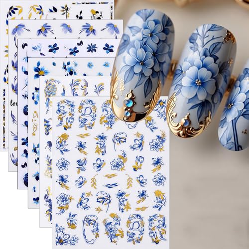 Flower Nail Stickers Spring Blue Gold Floral Nail Art Stickers