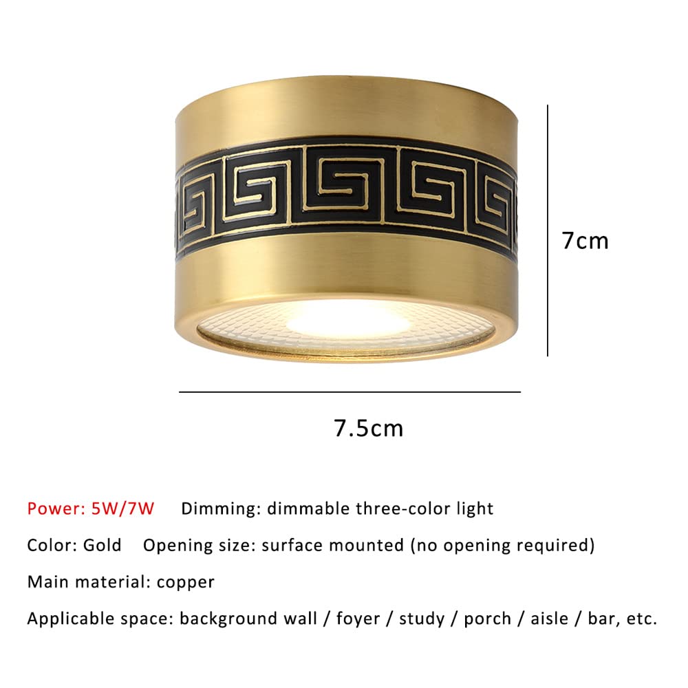 Confezione da 2 faretti da superficie interamente in rame, faretti da incasso a 3 colori, luce LED, faretti in ottone senza foratura, lampada da soffitto dimmerabile per sala da pranzo, soggiorno, de