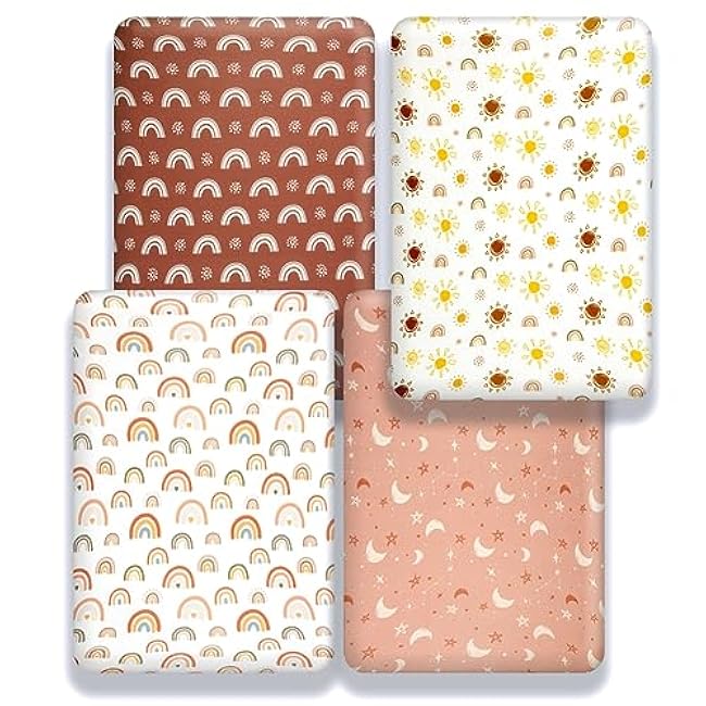 4 Pack Crib Sheets Boho Nursery Sheets Sunshine and Rainbow Desdign Neutral Unisex Fitted Baby Standard Crib Sheets for Baby Boys or Girls (Crib Sheets)