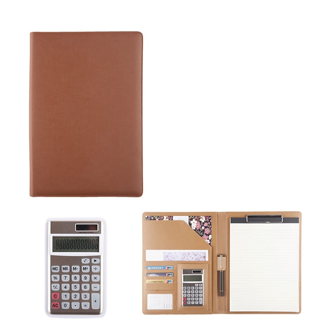 Raccoglitore A4 per raccoglitore, formato A4, in pelle PU, organizer con calcolatrice e tasca per tablet, marrone rosso (marrone)