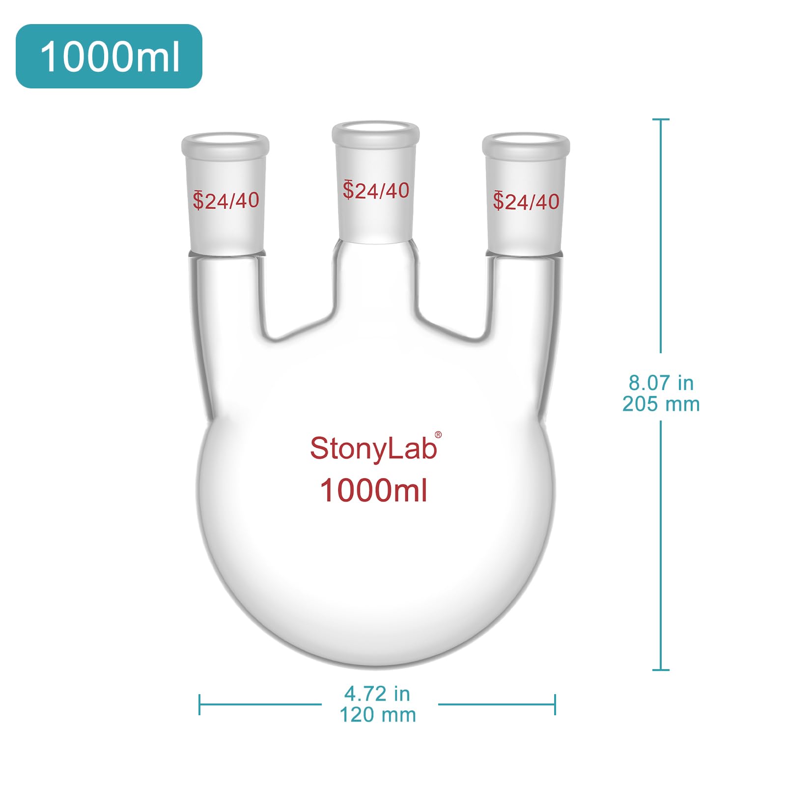 stonylab Pallone a Fondo Tondo 1000 ml con 3 Collo Dritto-24/40, Vetro Borosilicato, Ideale per Chimica, Laboratorio, Esperimenti, Distillazione e Reflusso