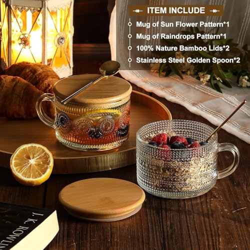 Image of PrimeWorld 2 Pcs 420 Ml Vintage Coffee Mugs,Overnight Oats Containers With Handle,Bamboo Lids And Spoons-Embossed Glass Cups For Cappuccino,Latte,Cereal,Yogurt,Hot Or Cold Beverages,Transparent