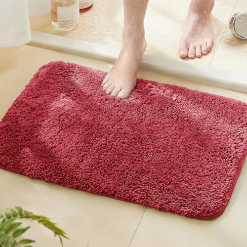 Image of SANMARINO Super Soft Shaggy Bathroom Rugs, Absorbent Thick Anti-Slip Microfiber Bath Rugs, Quick Dry Machine Washable Bath Mat for Bathroom Floor, Bathtub and Shower 17 inchx24 inch - Red