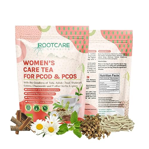 Image of Rootcare Organics Women's Health Care Ayurvedic Herbal Tea|For Pod & Pcos|100% Pure Natural Herbs|Tulsi Ashok Chaal Shatavari Gokhru Chamomile And 9 Other Herbs And Spices (Pack Of 1 Month) 100g