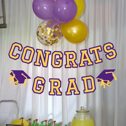 Image of Congrats Grad Banner Graduation Party Banner Decoration Hanging Garland High School College Backdrop Supplies Purple Yellow