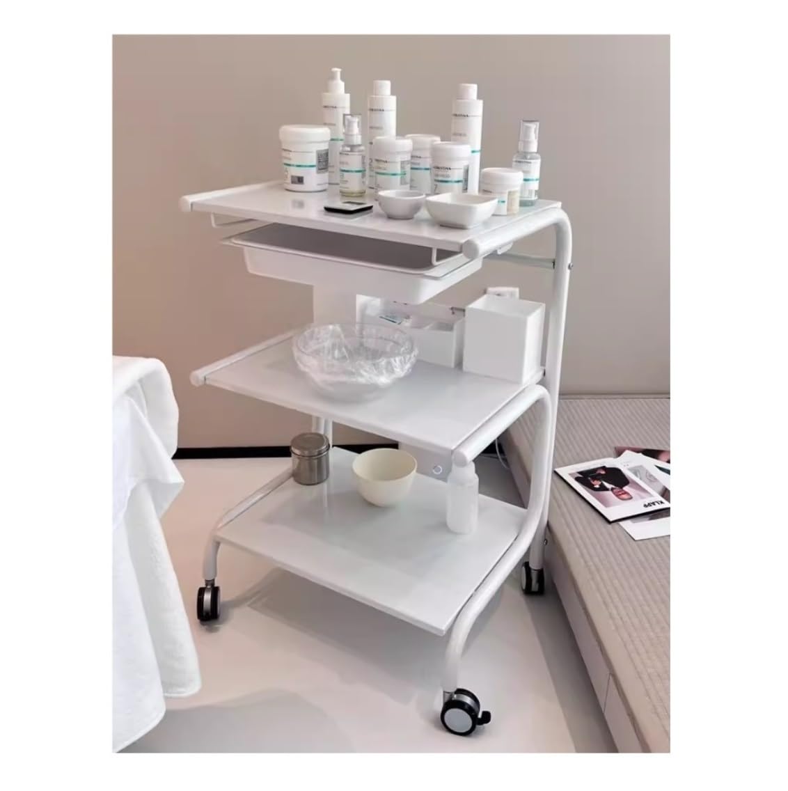 Shswud White Esthetician Cart, 3 Tier Beauty Trolley With Drawer Storage Movable Trolleys Steel Beauty Salon Cart Portable Rolling Trolley Nail Cart
