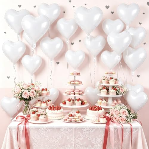 Image of 50 Pcs White Heart Balloons,5 Inch and 10 Inch Heart Foil Balloons Love Balloon Valentine Balloon for Birthday Party Wedding Engagement Party Baby Shower Valentine Day Decorations