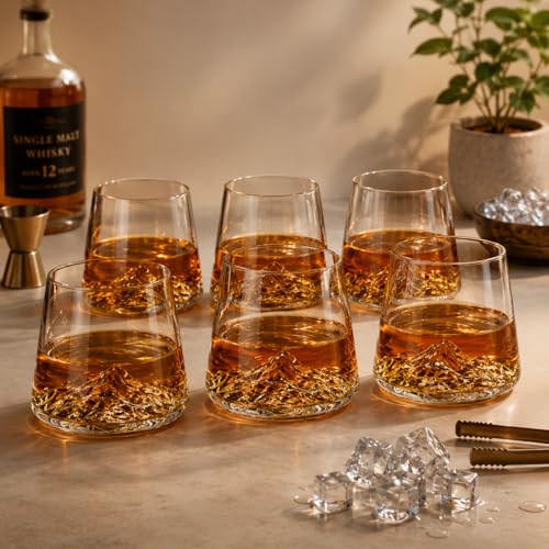 Image of WRINGO 230 ML Mountain Whisky Glass Set of 6 | Premium Transparent Whiskey Glasses for Scotch, Bourbon, Cocktails, Juice & Water | Heavy Base Drinking Tumblers for Home Bar